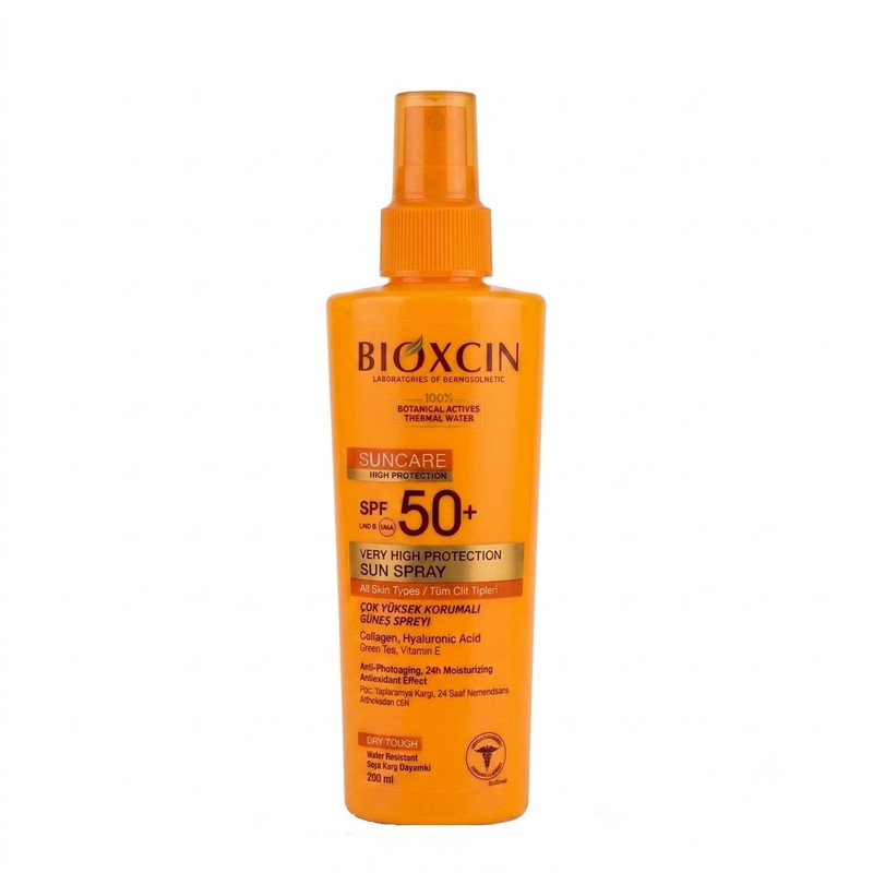 اسپری ضد آفتاب بی‌رنگ بیوکسین SPF 50 مدل High protection ‌محافظ UVA/UVB مناسب برای انواع پوست حجم 200 میلی‌لیتر